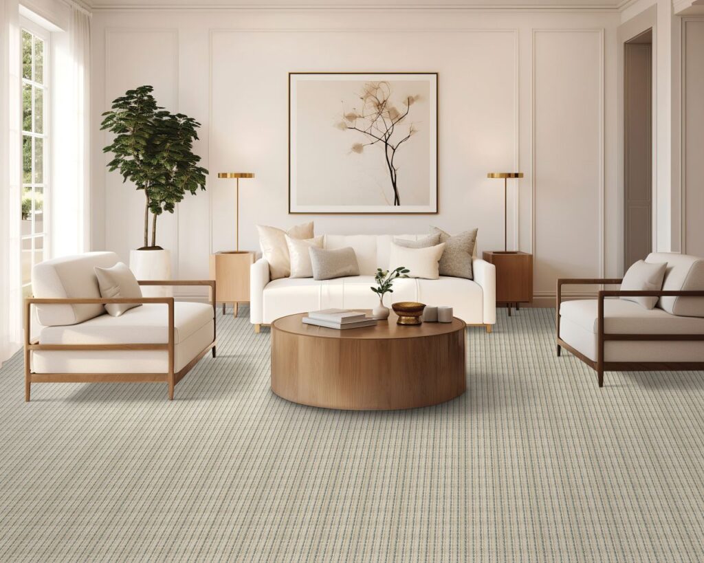 Minimalist luxury living room with finely striped beige carpeting, two white armchairs, a round oak coffee table, and a white sofa.