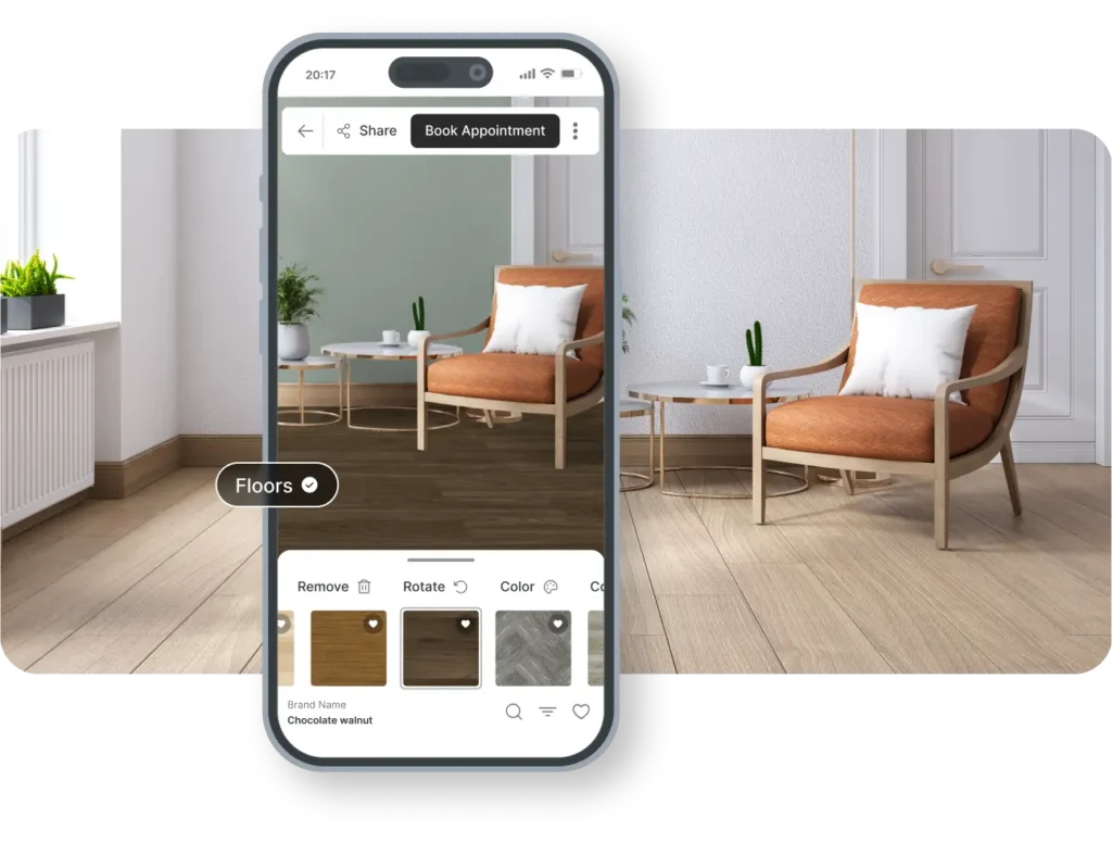 Smartphone mockup showcasing an interactive flooring visualizer app, comparing a dark wood floor preview on screen against a light wood floor room background.