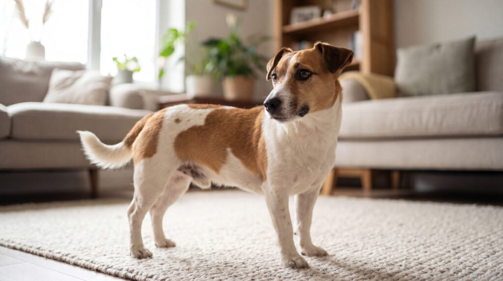 A tan and white Jack Russell Terrier standing on a thick, cream-colored woven loop area rug in a sunlit living room.
