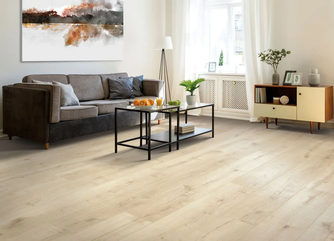Light blonde oak wood-look flooring in a bright, modern living room.