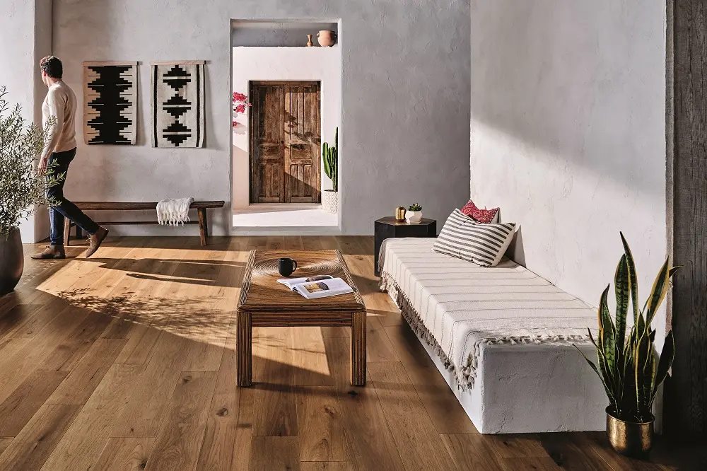 Southwestern-style room featuring warm pecan hardwood flooring.