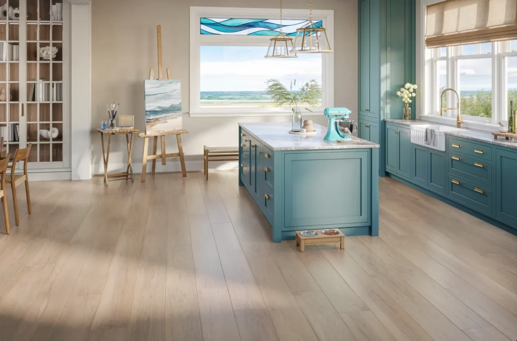 Light natural wood-look flooring in a bright kitchen with teal cabinets and an art easel.