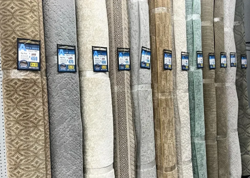 Rolled area rugs with sale tags displayed vertically in a store showroom.