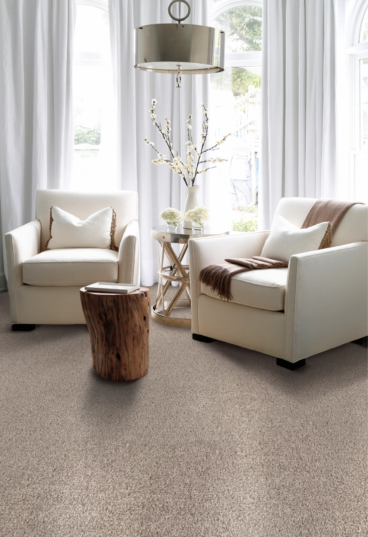 Bright sitting room with white armchairs and taupe carpet.