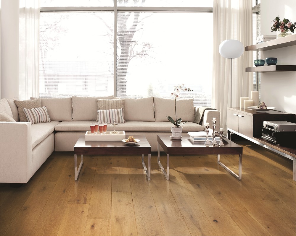 Bright, modern living room with warm oak hardwood flooring.