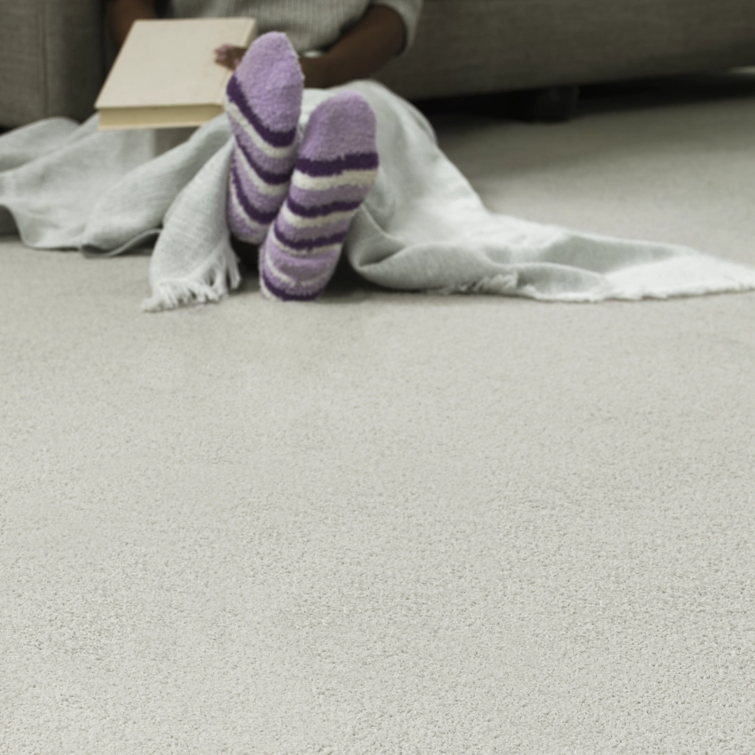 Person in striped purple socks sitting on plush light carpet.