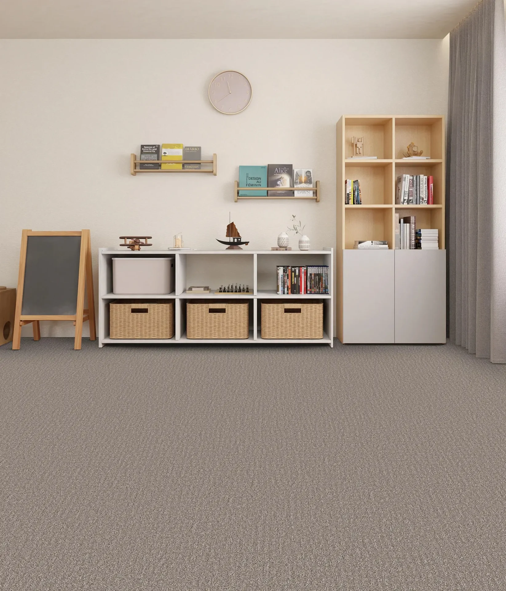Grey carpet in a minimalist playroom with light wood shelving.
